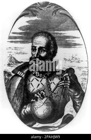 Ferdinand Magellan ( Portugiesisch: Fernao de Magalhaes - Spanisch: Fernando oder Hernando de Magallanes ) ( 1480 - 1521, Mactan Island, Cebu, Philippinen ) war ein portugiesischer Meeresforscher, der im Dienste der spanischen Krone versuchte, eine westwärts gelegene Route zu den indonesischen Gewürzinseln zu finden. Das war der erste erfolgreiche Versuch, die Erde zu umrunden. Obwohl er nicht die gesamte Reise absolvierte (er wurde während der Schlacht von Mactan auf den Philippinen getötet), schloss der Navigationskollege Juan Sebastian Elcano die letzte Reise nach Westen ab. Magellan reiste weiter westlich Stockfoto