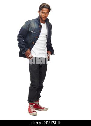 Jugendliches Selbstbewusstsein. Studioaufnahme eines jungen Mannes, isoliert auf Weiß. Stockfoto