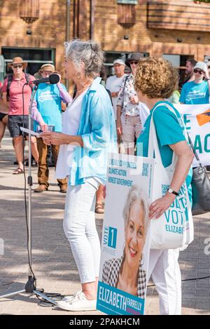 Elizabeth Farrelly, unabhängige Oberhauskandidatin bei den Wahlen vom 25. März 2023 in New South Wales, sprach auf einem Protesttreffen in Manly Beach, um die Koalas in New South Wales zu retten. Die Veranstaltung wurde von Mitgliedern der Bob Brown Foundation organisiert. Die Redner des Treffens sprachen sich für ein Ende des Holzeinschlags in den einheimischen Wäldern und die Schaffung eines Koala-Nationalparks an der Nordküste aus. Kredit: Stephen Dwyer / Alamy Live News Stockfoto