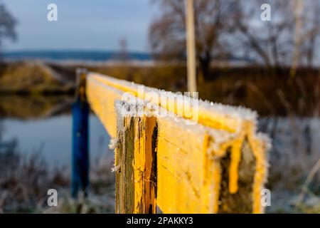 Morgenfrost auf den gelben Brettern des Zauns Stockfoto