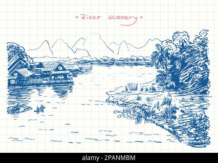 Flusslandschaft in Südostasien mit Dorf und Dschungel entlang der Ufer und der Karstberge Landschaft, Blauer Zeichensatz auf quadratischem Raster, Kalenderseite, Hand Stock Vektor