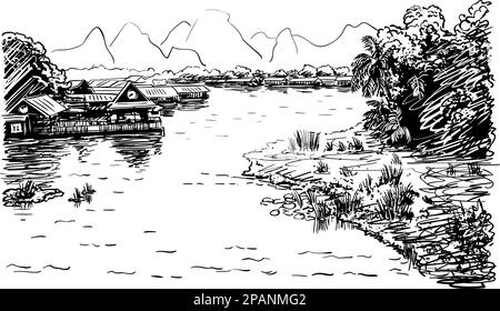 Skizzieren Sie die Flusslandschaft in Südostasien mit Dorf und Dschungel entlang der Ufer und Karstberge, handgezeichnete Vektorbilder Stock Vektor