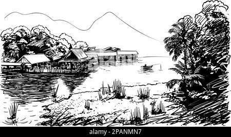 Skizze der Flusslandschaft in Südostasien mit Fischerboot, Dorf, Dschungel und Berg, handgezeichnete Vektordarstellung Stock Vektor