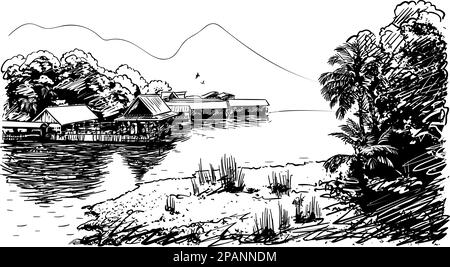 Skizze der Flusslandschaft in Südostasien mit Dorf, Dschungel und Berg, handgezeichnete Vektordarstellung Stock Vektor