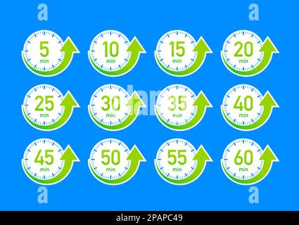 Timer, Stoppuhrsymbole auf 10 20 30 40 50 60 Minuten eingestellt. Garzeit. Stock Vektor