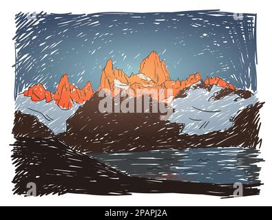 Skizze des Fitz Roy Bergmassivs bei Sonnenaufgang und Laguna De los Tres, handgezeichnete Vektorzeichnung in Farbe Stock Vektor