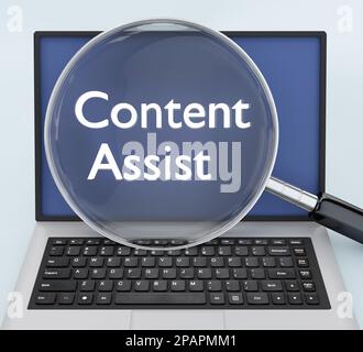 3D Abbildung eines Content Assist-Skripts unter einer Lupe über dem Bildschirm eines Laptops Stockfoto