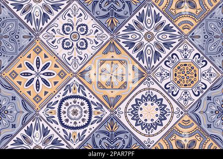 Keramikfliesenmuster, Mosaikdekor. Blumendruck an der Wand im klassischen portugiesischen Patchwork-Stil, blauer Boden. Handgezeichneter Hintergrund. Einrichtung: Textil, Geschenkpapier, Tapete. Nahtlose Vektorstruktur Stock Vektor