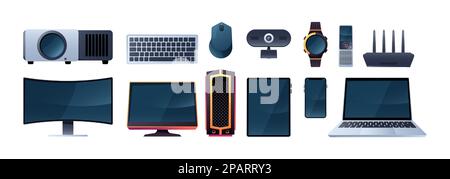 Technologie-Gadgets. Tragbare drahtlose Geräte, Cartoon-Paket mit elektronischen Geräten und Computergeräte in flacher Ausführung. Vektorisolierte Sammlung als Laptop, Tastatur, Smartphone und Computer Stock Vektor