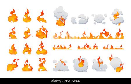 Cartoon-Explosionsfeuer-Effekt. Brennender Raucher und Zündschrot, Bombenexplosion und magische Feuerball-Energie, Lagerfeuer-Flammen. Vektorsatz. Brennbarer Rand, rote und orangefarbene Flamme Stock Vektor
