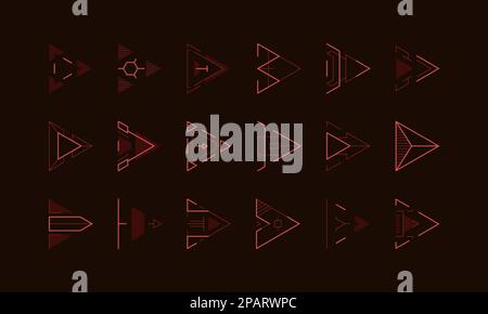 HUD-Pfeile. Richtungszeichen und Zeiger markieren holographische Spielelemente, futuristische Designelemente, Neon-Cursor und nächste Display-Taste. Vektorsatz. Rot leuchtende Ikonensammlung mit verschiedenen Formen Stock Vektor