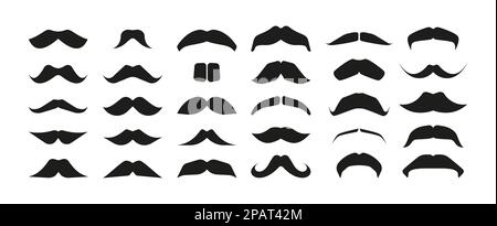 Schwarze Schnurrbärtsammlung. Doodle männliche Whisker Ikonen, Variationen von männlichen Gesichtshaarstilen verschiedene Formen, einfache Barbersilhouetten. Vektor isoliertes Set. Modische Hipster-Elemente für Herren Stock Vektor