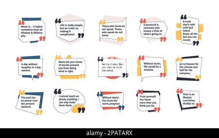 Ränder in Anführungszeichen. Sprechblasen mit Anführungszeichen für Kommentarzitierungen, kreative Textfeldvorlagen und Nachrichtenbanner. Vektorsatz. Sprechballon, Kommunikations-Tags verschiedener Formen Stock Vektor