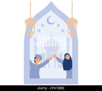 Ramadan-Karäm-Grußkarte, muslimische Kinder mit Fanus-Laterne, Moschee, Halbmond, Sternen, flacher Vektor, moderne Illustration Stock Vektor