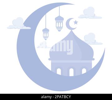 Ramadan Kareem mit Halbmond- und visuellen Elementen im Inneren, Ramadan-Begrüßung und wunschmoslems, flacher Vektor mit moderner Illustration Stock Vektor