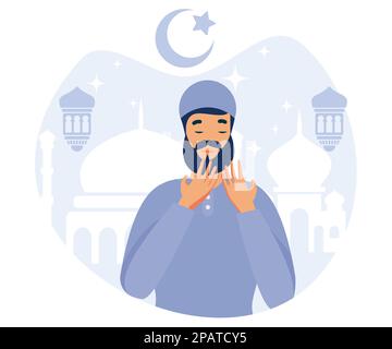 Muslimische Menschen beten im heiligen ramadan-Monat. Ramadan-Karäem, flacher Vektor, moderne Illustration Stock Vektor