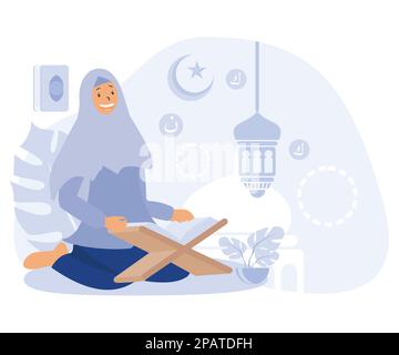 Muslimische Menschen lesen und lernen das islamische Buch-Design-Konzept koran, flache Vektoren, moderne Illustration Stock Vektor