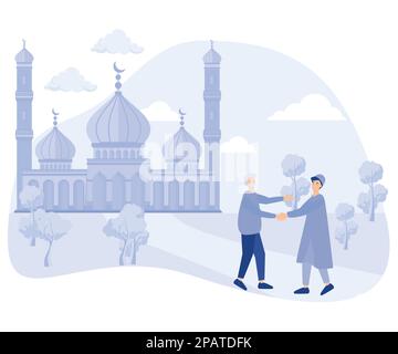 Muslime treffen sich, schütteln sich die Hand und sagen Assalamualaikum im Innenhof der Moschee nach Shalat, flacher Vektor, moderne Illustration Stock Vektor