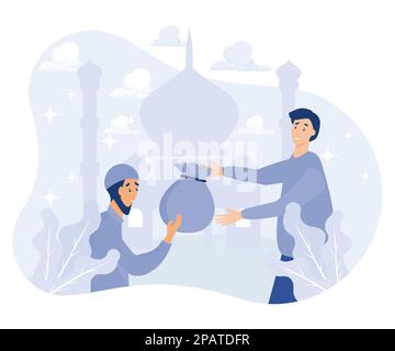 Leute, die alten Männern Zakat geben, im ramadan-Monat, Ramadan-Monat-Aktivitäten. eid al fitr, flache, moderne Illustration Stock Vektor