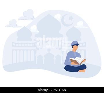 Muslimischer Mann liest Koran vor nächtlichem Hintergrund mit Halbmond, Sternen und Moschee-Silhouette, Laylat al-Qadr, flacher Vektor, moderne Illustration Stock Vektor