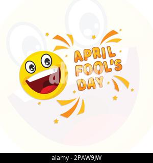 Schriftlogo für April Fool's Day mit Jester-Mütze-Illustration. Karte mit fröhlichen Emojis auf weißem Hintergrund. Farbenfrohes Design. Flache Vektorhintergrund-Il Stock Vektor