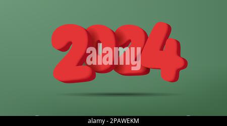Frohes Neues Jahr 2023. Realistische 3D-Komposition großer roter Zahlen auf grünem Hintergrund, abgerundete weiche Bildkomposition Stock Vektor