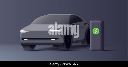 Elektrofahrzeug an der Ladestation. Dunkle Komposition mit vereinfachter SUV-Abbildung und Kraftwerkseinheit zum Aufladen Stock Vektor