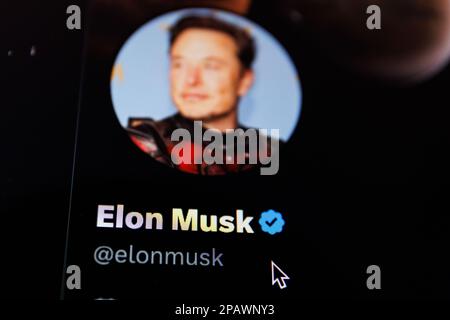 Kaunas, Litauen - 2023. März 12: Elon Musk Twitter-Konto auf PC-Bildschirm. Elon Musk ist CEO von Twitter, Tesla und SpaceX. Hochwertiges Foto Stockfoto