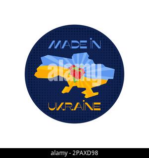 „Made in Ukraine“-Logo mit ukrainischer Karte und Viburnum. Retro-Label Ukraine. Aufkleber mit Vektorzeichen auf weißem Hintergrund isoliert. Stock Vektor