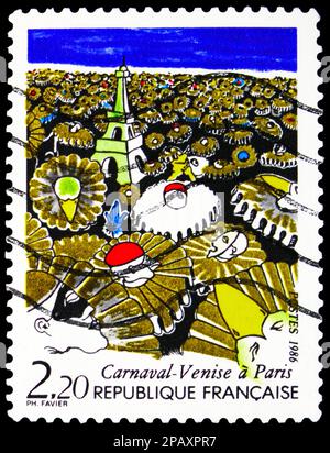 MOSKAU, RUSSLAND - 15. FEBRUAR 2023: In Frankreich gedruckte Briefmarke zeigt Karneval - Venedig nach Paris, Veranstaltungsserie, ca. 1986 Stockfoto
