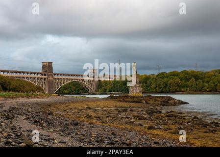 Die Britannia Bridge und die Lord Nelson Statue auf der Menai Strait, Anglesey, Nordwales. Stockfoto