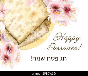 Happy Passover Aquarell Grußbanner mit Matzah Brot auf dem Teller, Mandelblumen, Chag Sameah Hebräische Grußworte auf weißem Hintergrund Stockfoto