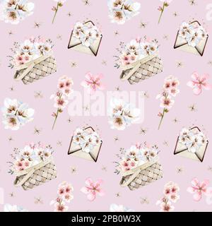 Mandelblumen in Körben und Umschlägen Nahtloses Muster, wasserfarbener Hintergrund auf hellrosa für Hochzeiten und Frühlingsdesigns Stockfoto