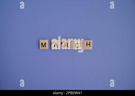 Der Name des Monats MÄRZ steht auf isolierten Holzwürfeln. Sehr scharfe Hintergrundfarbe des Jahres Stockfoto