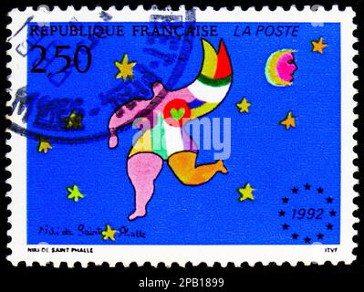 MOSKAU, RUSSLAND - 15. FEBRUAR 2023: Frankreichs Briefmarke zeigt europäischen Binnenmarkt, Veranstaltungsserie, ca. 1992 Stockfoto
