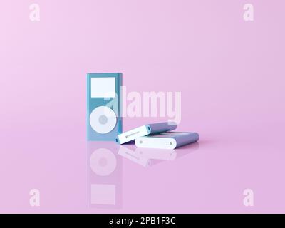 Modischer tragbarer kabelloser mp4-Player in Metallic-Blau isoliert auf pastellrosa Hintergrund. Kreatives Banner für ein Elektronikgeschäft. Stockfoto