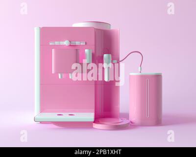 Kaffeepadmaschine aus rosafarbenem und weißem Kunststoff mit automatischem Milchbesen. Elektronische Küchenutensilien. Vorderansicht, isolierte Kaffeemaschine. 3D-Rendern Stockfoto
