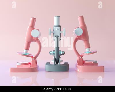 Zur Zusammensetzung dreier Mikroskope im Cartoon-Stil. Mikroskop, Vorderansicht, Seitenansicht. Zarte rosafarbene Farbe, isoliert auf hellem Hintergrund. Stockfoto