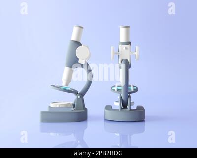 Grauweißes Mikroskop-Spielzeug isoliert auf pastellfarbenem Hintergrund. Mikroskop, Vorderansicht, Seitenansicht. Cartoon-Symbol, das Konzept der Virusanalyse, Biologie Stockfoto