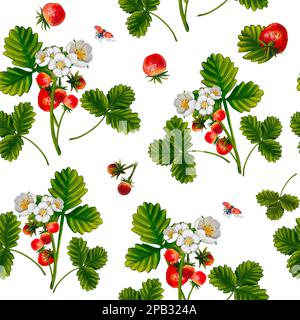 Nahtloses Muster mit wasserfarbenen Erdbeeren, Büschen und Marienkäfer. Essen für die Küche Sommermuster mit bemalten Illustrationen. Geeignet für Wallpa Stockfoto