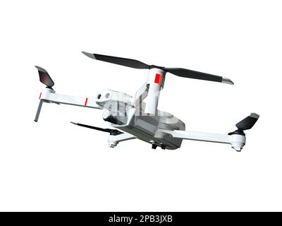 3D-Rendering der kleinen automatischen elektronischen Drohne-Kamera aus weißem Kunststoff mit vier Propellern. Moderne Drohne mit Kamera isoliert auf weiß. Stockfoto