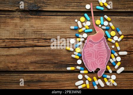 Papierdarmausschnitt und Pillen auf Holzhintergrund, flach liegend. Platz für Text Stockfoto