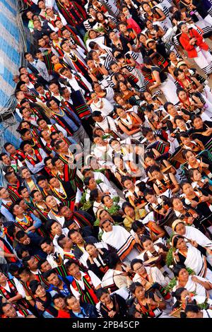 Naga-Stammesangehörige, die an der Steinziehzeremonie während des Kisima Nagaland Hornbill Festivals teilnehmen, Kohima, Nagaland, Indien, Asien Stockfoto