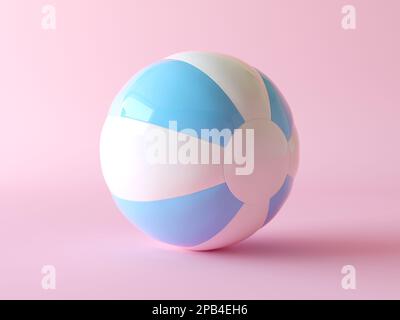 Aufblasbarer Ball mit blauen Streifen, Strandspielzeug auf pinkfarbenem Sommerhintergrund mit Ballonball. 3D-Darstellung rendern. Sommer minimalistisches kreatives Konzept Stockfoto
