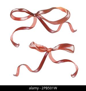 Set aus roten Schleifen mit geschwungenen Bändern. Aquarelldarstellung. Isoliert auf weißem Hintergrund. Für das Design von Aufklebern, Grußkarten, Briefpapier, invi Stockfoto
