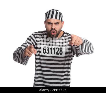 Emotionaler Gefangener in Spezialuniform auf grauem Hintergrund Stockfoto