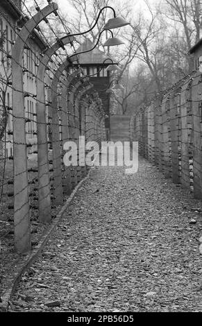 Elektrifizierter Korridor im Konzentrationslager Auschwitz in Polen Stockfoto