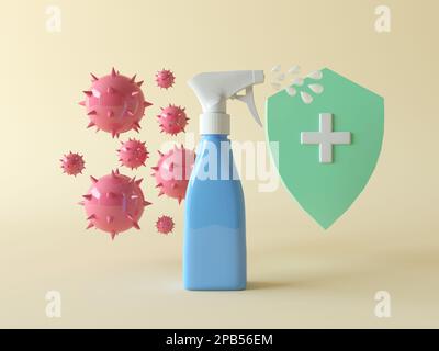 Hygienekonzept. Handwaschspray. Desinfektionsmittel mit Sprühtropfen. Die Covid-Virus-Zellen schwimmen in der Luft. Isoliert. 3D-Darstellung, Zeichentrickfilm Stockfoto