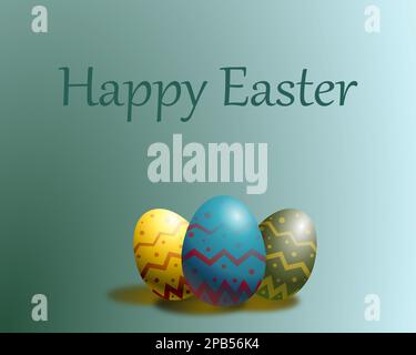 Ostereier und Happy Oaster Text. Dekorierte Ostereier auf grünem Hintergrund. „Happy Easter“-Bannerdesign. Stockfoto