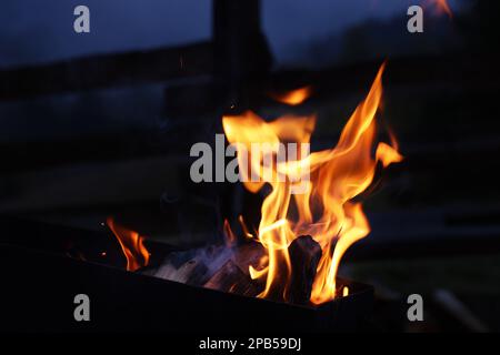 Wunderschöne Aussicht auf das Lagerfeuer draußen am Abend Stockfoto